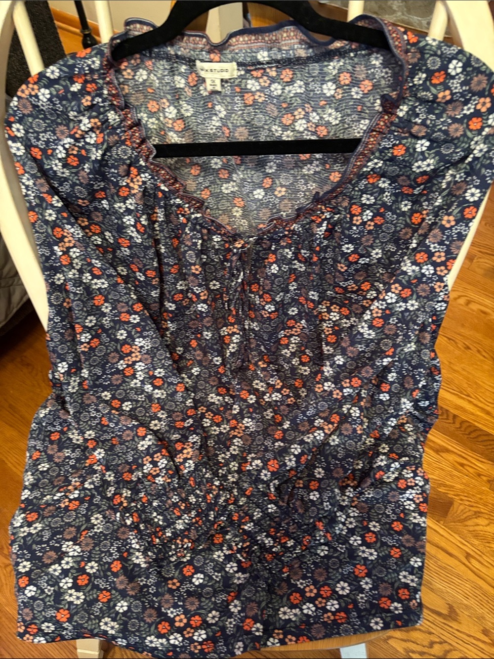 Max Studio Navy Floral Tie-Neck Top with Coral Accents